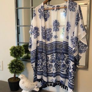 Sheer fringed cobalt and white sleeveless tunic